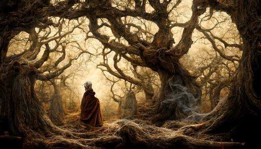 An old human wizard in grey robes, casting a magic spell, wizened, wise, hermit, photo realistic, medieval, dark woods background, oak trees, gloomy, highly detailed, 8k, --ar 16:9 --s 20000 --q 2 --s 20000 --q 2