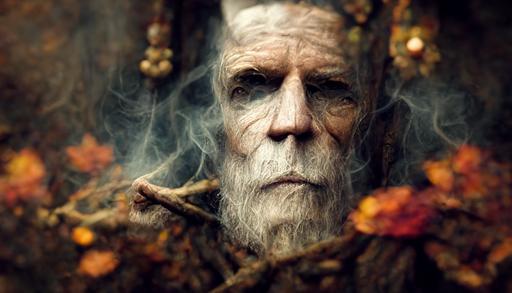 An old human wizard in grey robes, casting a magic spell, wizened, wise, hermit, photo realistic, medieval, dark woods background, oak trees, gloomy, highly detailed, 8k, --ar 16:9  --s 20000 --q 2