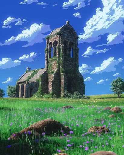 An old medieval fantasy church ruin surrounded by lush green field of grass, meadows, Blue sky in the background. Pixel art, retro games, vintage console, 90s video game environment, PlayStation 1. Zelda environment, pixel environment --ar 4:5 --s 750 --style raw --v 6.0