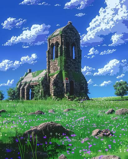 An old medieval fantasy church ruin surrounded by lush green field of grass, meadows, Blue sky in the background. Pixel art, retro games, vintage console, 90s video game environment, PlayStation 1. Zelda environment, pixel environment --ar 4:5 --s 750 --style raw