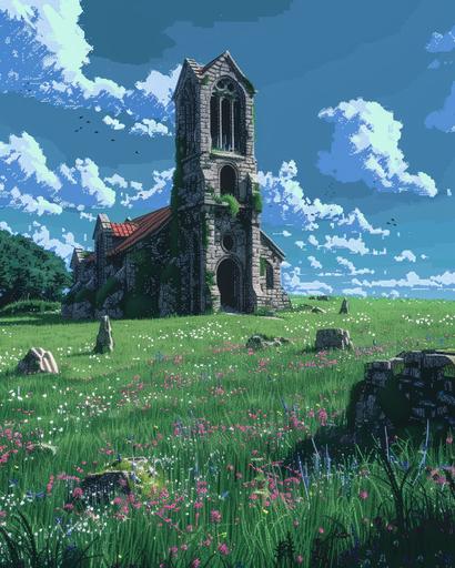 An old medieval fantasy church ruin surrounded by lush green field of grass, meadows, Blue sky in the background. Pixel art, retro games, vintage console, 90s video game environment, PlayStation 1. Zelda environment, pixel environment --ar 4:5 --s 750 --style raw