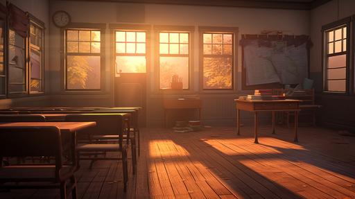 An old-style classroom with an empty blackboard in the center, a window beside it, a window beside it, and outside is the dawn, with the early morning sunlight streaming into the room as the sun begins to rise，without people , empty space --ar 16:9