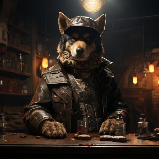 An old west deputy gunslinger as a dog wearing a cowboy hat, gun pointed at you under the table, money on the table, graphic novel style --s 900