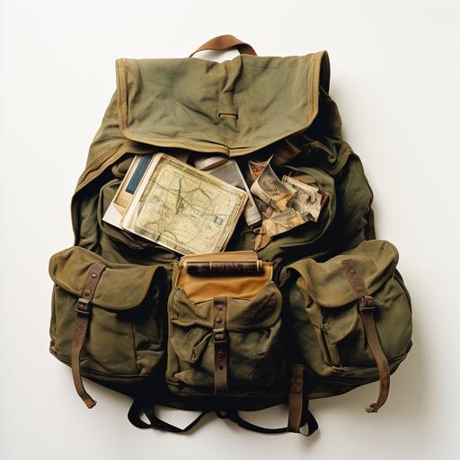 An open inside old backpack, in the style of irving penn, olive cotton, soviet, august friedrich schenck, trenchcore, campcore, white background
