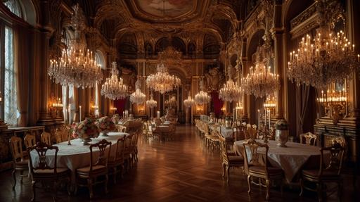 An opulent palace ballroom adorned with gold fixtures and crystal chandeliers. With delicate floral patterns, ornate columns, and intricate carvings, the scene exudes luxury and extravagance. The room is illuminated by warm candlelight, casting soft shadows on the intricate details. rococo style --ar 16:9 --v 5 --q 2 --s 750