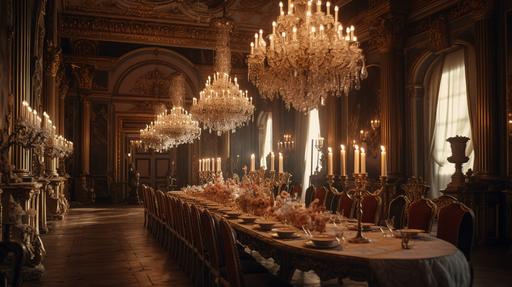 An opulent palace ballroom adorned with gold fixtures and crystal chandeliers. With delicate floral patterns, ornate columns, and intricate carvings, the scene exudes luxury and extravagance. The room is illuminated by warm candlelight, casting soft shadows on the intricate details. rococo style --ar 16:9 --v 5 --q 2 --s 750