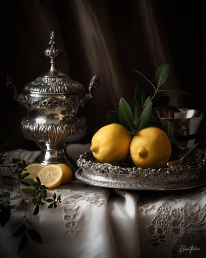 An opulent still life with Lemon, Artemísia, Rosemary, Cinamonn and Cloves carefully arranged in a vintage silver vase, capturing the play of light on the surfaces, the arrangement set on an antique lace tablecloth, imbuing an atmosphere of elegance and nostalgia, Photography, macro lens (50mm), --ar 4:5 --v 5.0