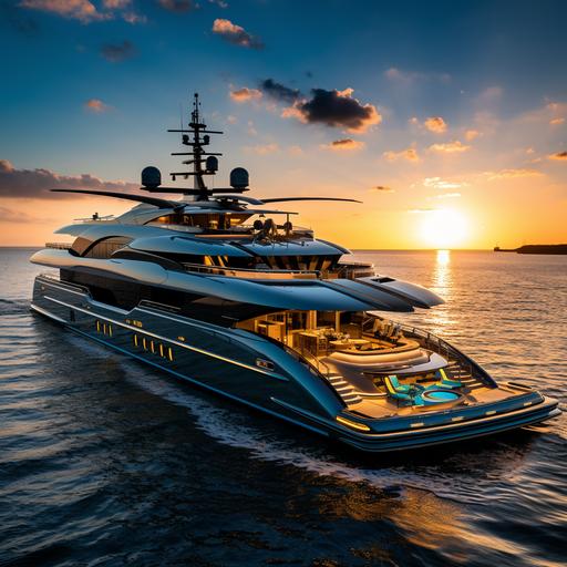 An opulent super yacht sailing serene turquoise waters at sunset, with champagne glasses on the deck and a helicopter landing pad lit up in the golden hour glow.
