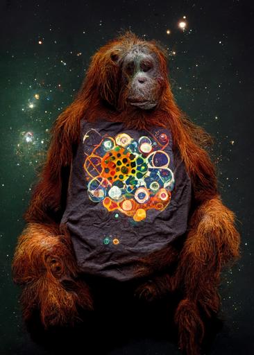 An orangutan wearing a T-shirt of Cassiopeia, Taurus, Orion, planets, moon, soap bubbles, chakras, sacred geometry, Fibonacci sequence, golden ratio, fractal, aboriginal, tantra, electron diffraction patterns of 5-fold quasicrystals, sea urchin shell, sand dollar, by Sonia Delaunay and Hilma af Klint —mp