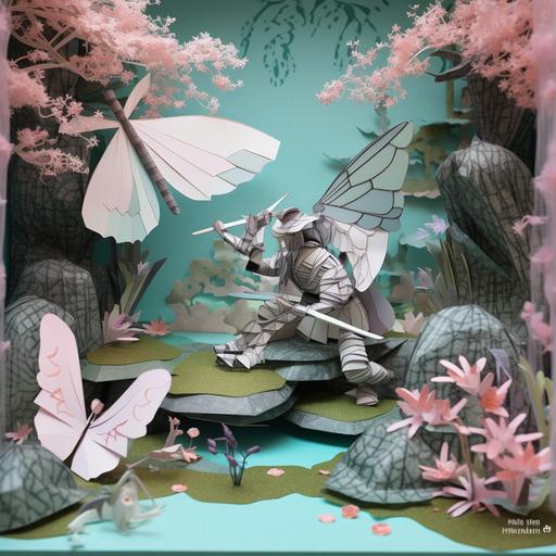 An origami diorama of a steampunk samurai riding a mechanical dragonfly over a serene Japanese garden. Delicate paper folds, pastel colors with silver accents, harmonious and tranquil, aerial perspective with detailed surroundings. --v 5