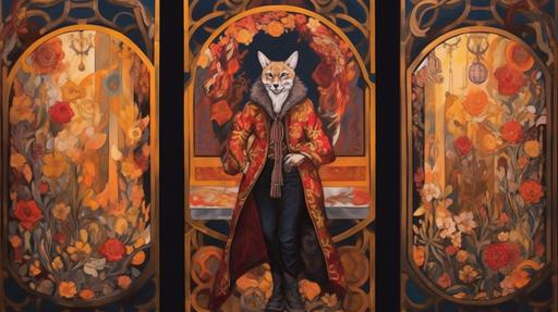 An ornate triptych painting of A person dressed in a fancy jacket and fur standing on a stage, in the style of endercore, salvagepunk --ar 7680:4320 --s 1000 --no watermark, signatures, text, memes, meme, word, words, watermarks, signature --q 0.5 --v 5