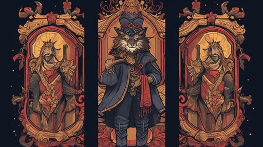 An ornate triptych painting of A person dressed in a fancy jacket and fur standing on a stage, in the style of endercore, salvagepunk --ar 7680:4320 --s 1000 --no watermark, signatures, text, memes, meme, word, words, watermarks, signature --q 0.5 --v 5