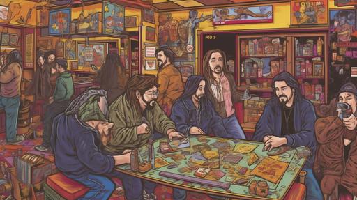 An ornate triptych painting of the Jersey trilogy of Clerks, Mallrats and Chasing Amy, in the style of Kevin Smith, featuring Brian O'Halloran, Jeff Anderson, Jason Mewes, Kevin Smith, Shannon Doherty, Jeremy London, Claire Forlani, Jason Lee, Ben Affleck, Joey Lauren Adams, Ethan Suplee --ar 7680:4320 --s 1000 --no watermark, signatures, text, memes, meme, word, words, watermarks, signature --q 0.5 --v 5