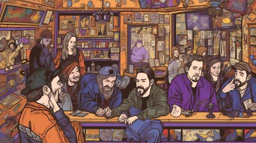 An ornate triptych painting of the Jersey trilogy of Clerks, Mallrats and Chasing Amy, in the style of Kevin Smith, featuring Brian O'Halloran, Jeff Anderson, Jason Mewes, Kevin Smith, Shannon Doherty, Jeremy London, Claire Forlani, Jason Lee, Ben Affleck, Joey Lauren Adams, Ethan Suplee --ar 7680:4320 --s 1000 --no watermark, signatures, text, memes, meme, word, words, watermarks, signature --q 0.5 --v 5