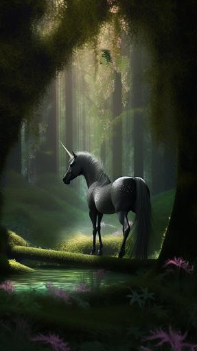 An photorealistic image showing a slender black unicorn with a single bright crystal horn walking inside a radiant fairy forest. The horse has the sleek likes of an Arabian stallion with a sable coat, while the grass, trees, ferns, bushes, and creek are infused with the glamor of a Fairy King. The dark magical creature is at home in this enchanted arbor. A Willo-o-wisp hovers on the breeze. A living forest. cinematic style, in the visual style of Christopher Nolan 8K --ar 9:16 --v 5