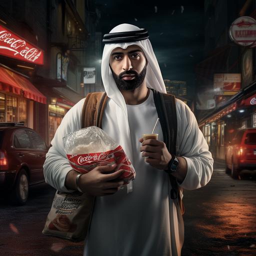 An ugly Arab man, behind a Mercedes G-Class, wearing Gucci shoes and a Dior bag, carrying a Kentucky Fried Chicken bucket in the other hand, wearing a thobe, white arab men scarf , and black headband, street lights with precise details, cinematic lighting, realistic, realistic images, very clear, high quality. , up close, realistic, super cool, ultra high definition, ultra 8k-v5 promo