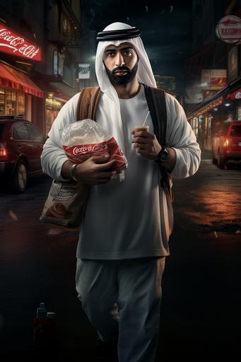An ugly Arab man, behind a Mercedes G-Class, wearing Gucci shoes and a Dior bag, carrying a Kentucky Fried Chicken bucket in the other hand, wearing a thobe, white arab men scarf , and black headband, street lights with precise details, cinematic lighting, realistic, realistic images, very clear, high quality. , up close, realistic, super cool, ultra high definition, ultra 8k-v5 promo