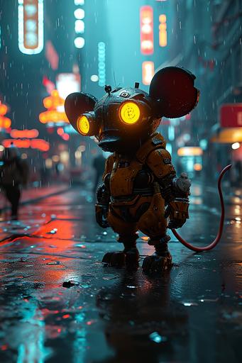 Anabolic mikey mouse, transformer, Solana logo suit, Bitcoin logo eyes, wearing a neon light suit, cyberpunk city epic neon light  --s 750 --v 6.0 --ar 2:3