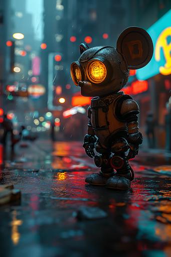 Anabolic mikey mouse, transformer, hulk, Bitcoin logo eyes, wearing a neon light suit, cyberpunk city epic neon light  --s 750 --v 6.0 --ar 2:3