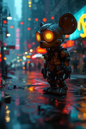Anabolic mikey mouse, transformer, hulk, Bitcoin logo eyes, wearing a neon light suit, cyberpunk city epic neon light  --s 750 --v 6.0 --ar 2:3