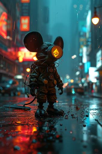 Anabolic mikey mouse, transformer, hulk, Ethereum logo eyes, wearing a neon light suit, cyberpunk city epic neon light  --s 750 --v 6.0 --ar 2:3