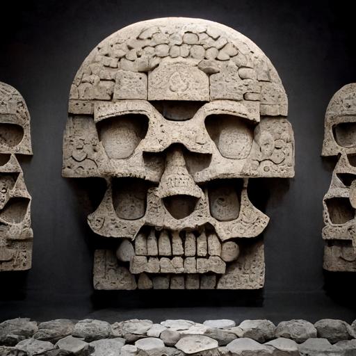 Ancient Aztec wall of skulls carved in stone --uplight