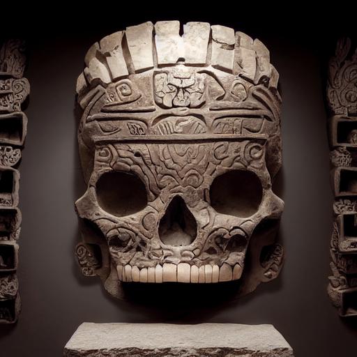 Ancient Aztec wall of skulls carved in stone --test --creative --upbeta