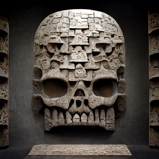 Ancient Aztec wall of skulls carved in stone --uplight
