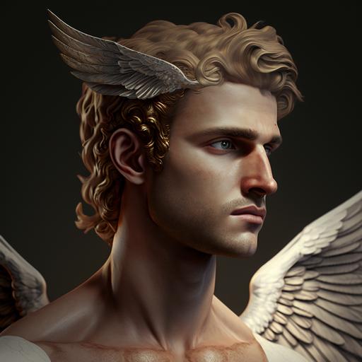 Ancient Greek god Hermes portrait, helmet with wings, white toga, young man, smirking, shadows, curly blond hair, complex details, cinematic, high resolution, very detailed, 8k