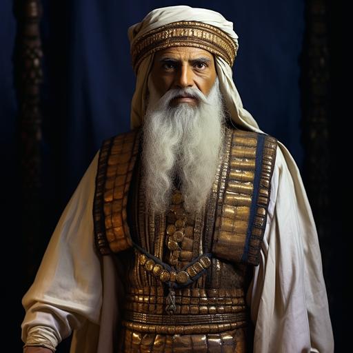 Ancient Israelite Priest. You are wearing the garb of an ancient Israelite priest, and the square cloth attached to your chest is studded with 12 jewels in all, in an arrangement of three horizontally and four vertically. He wears a white priestly hat. 8k, 3D, the picture has been taken with a Sony Alpha 1 camera and a Sony FE 24mm f/ 1. 4 GM lens. cinematic moody, Biblical drama, realistic characters , spiritual figures, concept art, art station, illustration, intricate details, Unreal Engine, volumetric lighting, dynamic poses. Oil painting, --stylize 1000