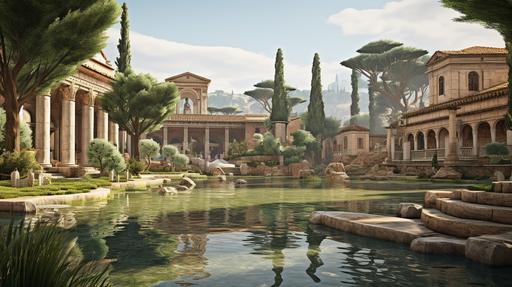 Ancient Roman baths like that of Caracalla, sweeping, ancient Roman architecture, marble, gold, majestic, detailed, lots of water everywhere and Romans sprawling inside, roman pine trees in the background, photorealistic, --ar 16:9 --v 5.2