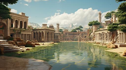 Ancient Roman baths like that of Caracalla, sweeping, ancient Roman architecture, marble, gold, majestic, detailed, the Roman Colosseum in the far background, lots of water everywhere and Romans sprawling inside, roman pine trees in the background, photorealistic, --ar 16:9 --v 5.2