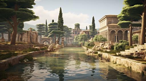 Ancient Roman baths like that of Caracalla, sweeping, ancient Roman architecture, marble, gold, majestic, detailed, lots of water everywhere and Romans sprawling inside, roman pine trees in the background, photorealistic, --ar 16:9 --v 5.2