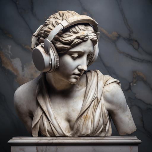 Ancient greek sculpture of a woman in headphones