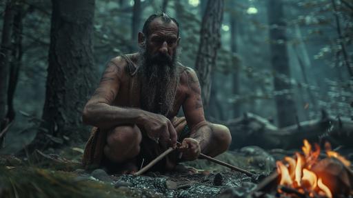 Ancient normadic Tribe from the upper Paleolithic Age living inside German woods, attaching narrow stones on a wooden stick to make spears, cinematic, photorealistic, 4k, film grain, dreamlike, ethereal, scary, --ar 16:9