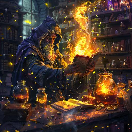Ancient wizard and prepares a potion in his lab, on the table there is an ancient book that makes horses spirits come out, phosphorescent architecture, Small yellow fireflies are circling in the laboratory, world of warcraft, dnd art, atmospheric