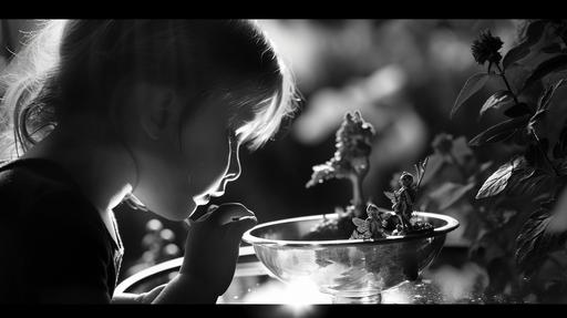 Andre Kertesz captures a reflective moment where a child gazes at a miniature Bifrost, bridging the realms of a fairy garden. The play of light and shadow creates a whimsical atmosphere. This image portrays the innocence of childhood intertwined with the magic of myths. Kertesz's work is a tribute to imagination. 1209 0106a --ar 16:9 --s 50 --v 6.0