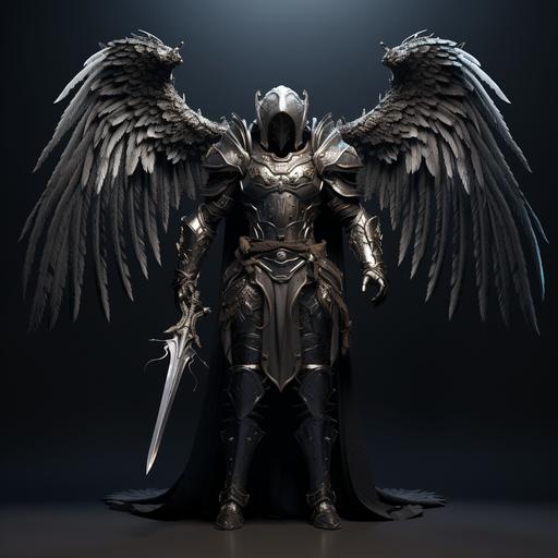 Angel, dark grey shiny armour, holy weapon and holy shield, no face, black background hint of smoke, high quality image, realistic, 8k, full body
