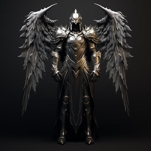 Angel, dark grey shiny armour, holy weapon and holy shield, no face, black background hint of smoke, high quality image, realistic, 8k, full body