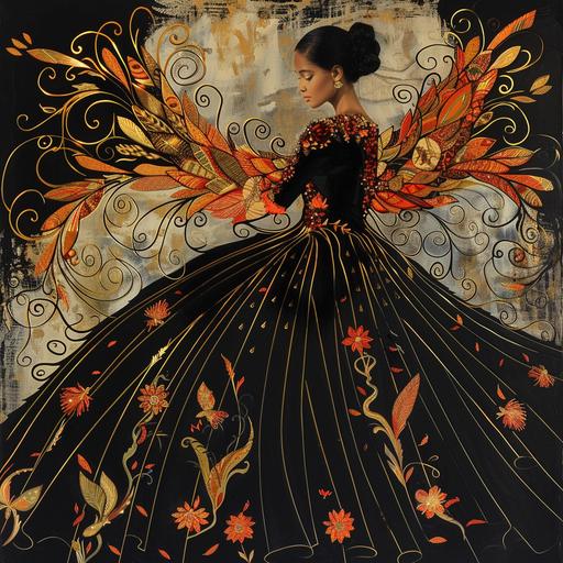 Angel wearing long black dress with curling Flame flowers patterned on dress