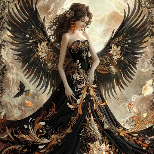Angel wearing long black dress with curling Flame flowers patterned on dress
