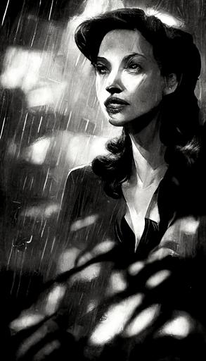 Angelina Jolie film noir, dappled light, rain --ar 9:16