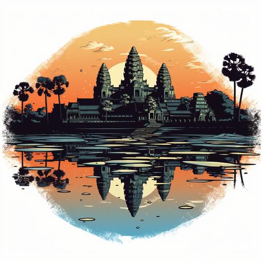 Angkor Wat, woodcut, spiritual, dappled sunrise, T-shirt design graphic, vector, contour, white background.