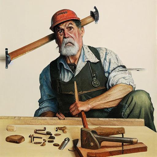 Angry Carpenter man looking directly into the camera over his shoulder while driving a nail into a board with a hammer, highly detailed, oil painting, norman rockwell style --test --creative --upbeta