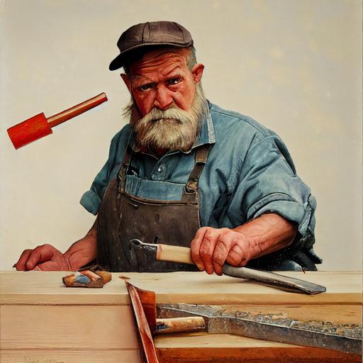 Angry Carpenter man looking directly into the camera over his shoulder while driving a nail into a board with a hammer, highly detailed, oil painting, norman rockwell style --test --creative --upbeta