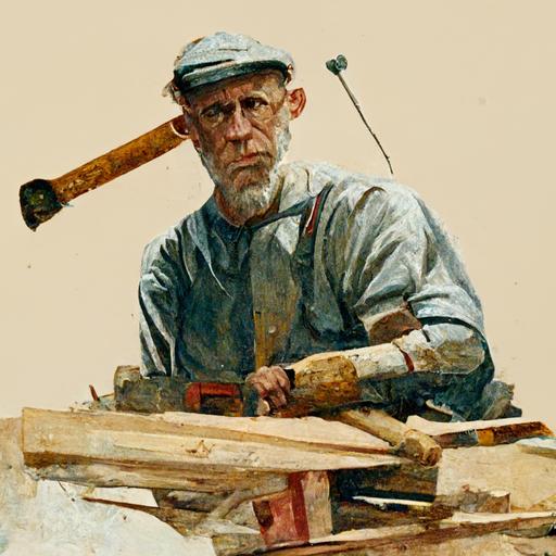 Angry Carpenter man looking directly into the camera over his shoulder while driving a nail into a board with a hammer, highly detailed, oil painting, norman rockwell style