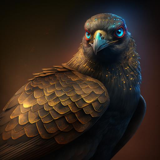 Angry Pigeon, Yellow Eyes, Dark, Powerful, Flare, Electromagnetic Spectrum, Cinematic Lighting --v 4