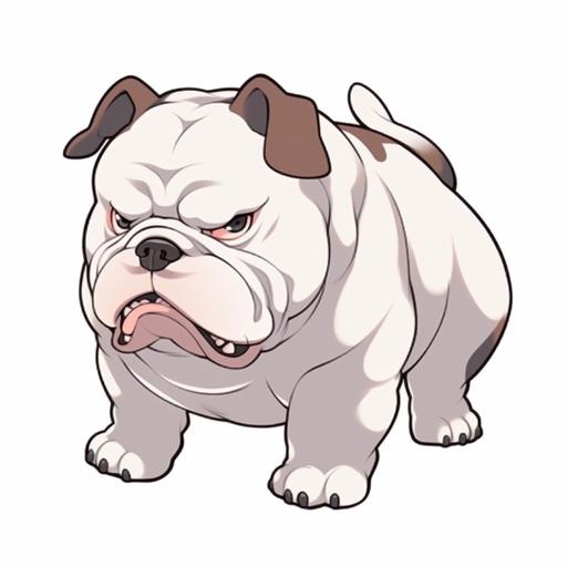 Expression: Angry bulldog with double chin, half body, white background, and fat. , digital drawing cartoon sticker, is a animal, Ghibli, fat, fluffy, full body, flat texture cartoon style, transparent background, 2D --niji --v 4 --q 5