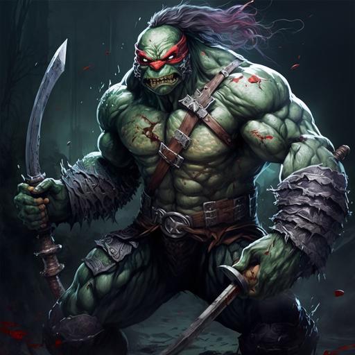 Angry, ninja turtle, muscular, strong, full body, high detail, holding a battle axe in right hand, carnage, wearing armored helmet, fighting, swamp background