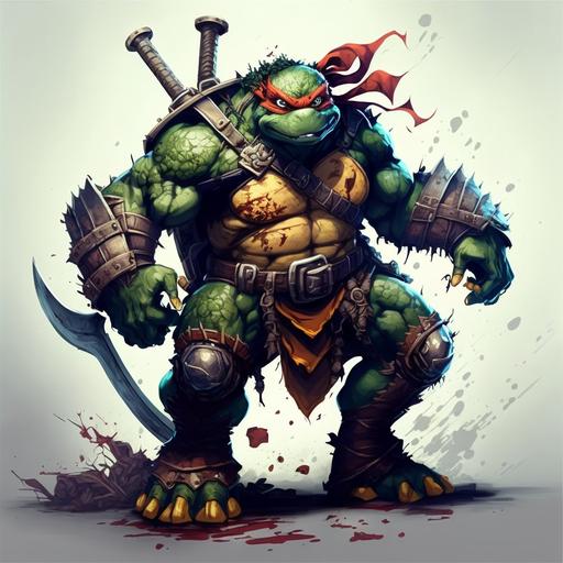 Angry, raging, ninja turtle, muscular, strong, full body, war, combat, high detail, holding battle axe, carnage, knight's helmet, graphic novel style